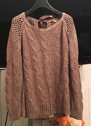 Коричневий светр великої в'язки з бантом(стрічкою) на спині olko