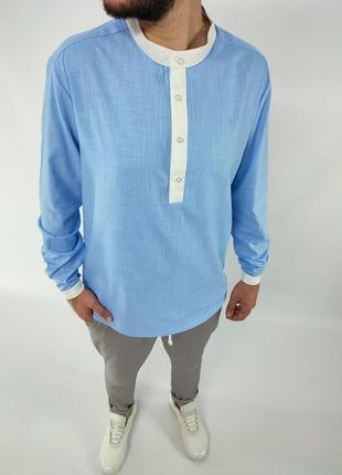 Стильная мужская летняя льняная рубашка с длинным рукавом голубая без воротника