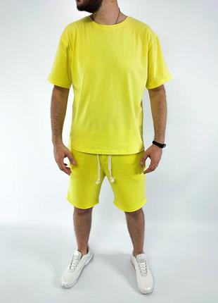 Стильний чоловічий літній спортивний костюм оверсайз жовтий футболка шорти