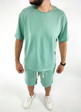 Стильний чоловічий літній спортивний костюм оверсайз футболка шорти зелений