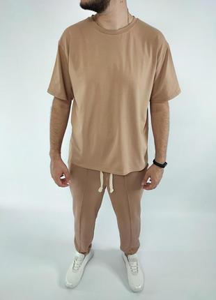 Стильний чоловічий літній трикотажний спортивний костюм оверсайз футболка спортивні штани штани на манжеті1 фото