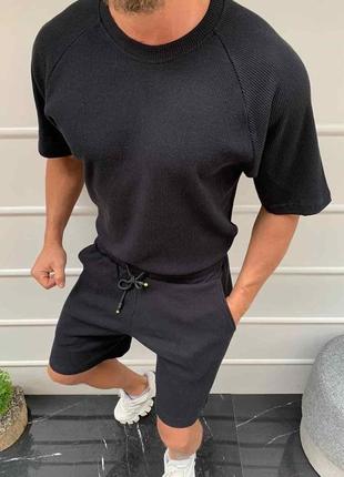 Стильный мужской трикотажный повседневный костюм футболка шорты черный