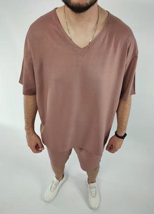 Льняной костюм oversize  оверсайз с v - образным вырезом льняный шорты + футболка комплект