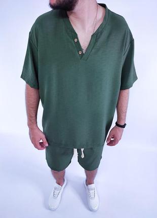 Льняной костюм oversize  оверсайз с пуговицами льняный шорты + футболка комплект1 фото