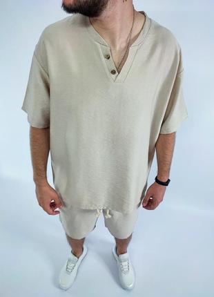 Льняной костюм oversize  оверсайз с пуговицами льняный шорты + футболка комплект