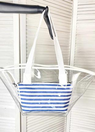 Прозрачная пляжная сумка с косметичкой белой с синим2 фото