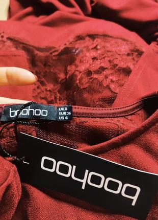 Boohoo платье бордо марсала бургунди винное новое с гипюром по фигуре карандаш футляр миди5 фото