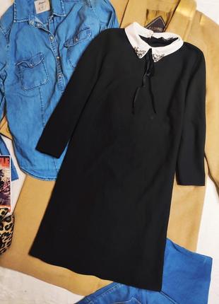 Papaya платье чёрное прямое трапеция с белым воротником и камушками рукав 3/4 свободное5 фото