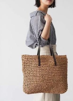 Женская плетенная сумка из рафии летняя вместительная соломенная сумка-шоппер бежевая