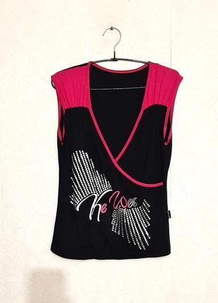 Брендова майка літня футболка чорна без рукавів ladylari жіноча малинова розшивка паєтки сріблясті