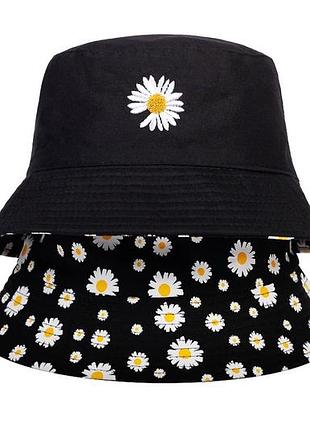 Панама двухсторонняя хлопковая складная черная с ромашками
