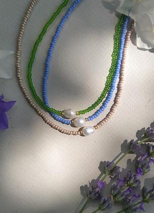 Намисто з бісеру з натуральним річковими перлами, чокер з бісеру