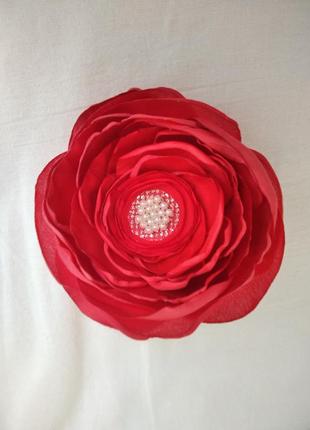 Цветок красный мак из ткани hand made брошь, заколка
