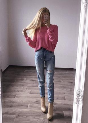 Джинси з дірками і намистинами bershka , mom jeans