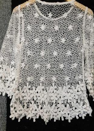 Белоснежная женская кружевная, ажурная, гипюровая блуза, блузка с кружевом, туника, пляжная накидка.