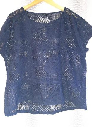 Женская синяя кружевная, ажурная, гипюровая блуза, блузка, летняя туника, пляжная накидка.6 фото