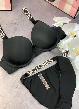 Комплект victoria's secret ліфчик + трусики з буквами чорний нижня білизна з...