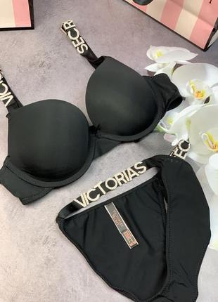 Комплект victoria’s secret лифчик + трусики с буквами черный нижнее белье с подарочной упаковкой7 фото