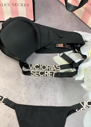 Комплект victoria’s secret лифчик + трусики с буквами черный нижнее белье с подарочной упаковкой8 фото