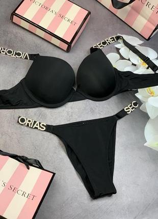 Комплект victoria's secret ліфчик + трусики з буквами чорний нижня білизна з...