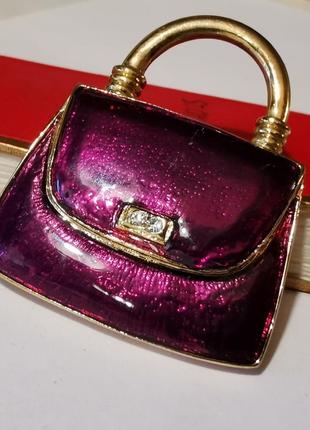 Винтажная позолоченная брошь сумка сумочка с камнями стразы кристаллы эмаль эмалевая colour mates5 фото
