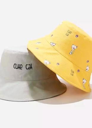 Тренд желтая двухсторонняя панамка с котиками хлопок панама хлопковая летняя шляпа капелюх жовтий бавовна3 фото