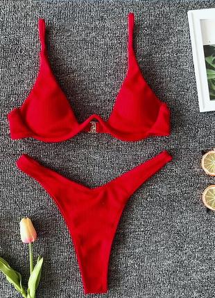 Красный раздельный купальник с декольте поддержка груди с чашками танго чайка в рубчик2 фото
