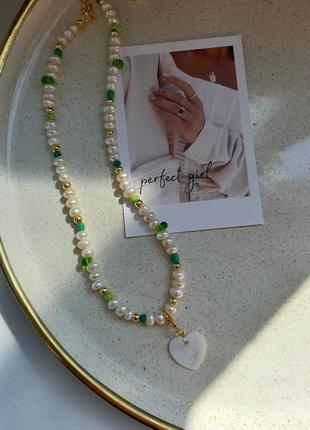 Чокер намисто з натуральних перлів зелений красивое колье чокер из жемчуга на весну лето perl2 фото