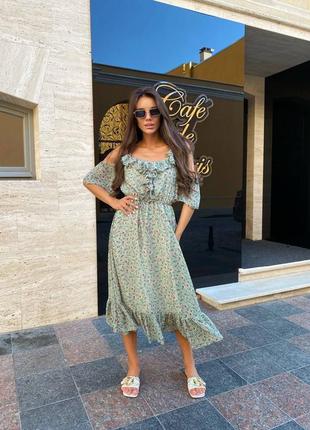 Сукня міді з рюшами в квітку квіточка квітковий принт