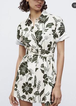 Платье рубашка мини с поясом цветочный принт zara оригинал4 фото
