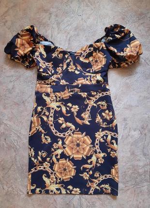 Сукня міні в актуальний принт - ланцюга, квіти і рукави-ліхтарики в стилі версаче boohoo6 фото