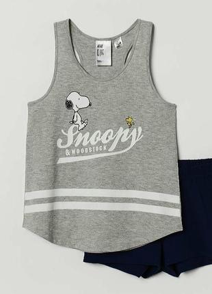 Легендарная серая майка топ с мультяшным снупи h&m peanuts snoopy & woodstock.