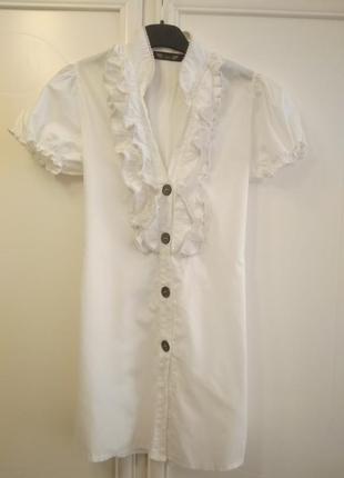 Платье рубашка, летний, хлопок, белое, на пуговицах, с воланами, прямое