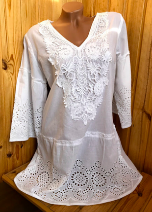 Белоснежная пляжная туника , хлопок, с кружевом, прошва по подолу, на рукавах