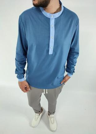Мужская льняная рубашка синяя с длинным рукавом | 3 цвета