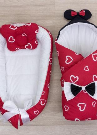 Комплект конверт+кокон+подушка ушки валентинки на красном
