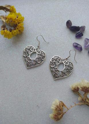 Сережки серце з квітами - колір срібло3 фото