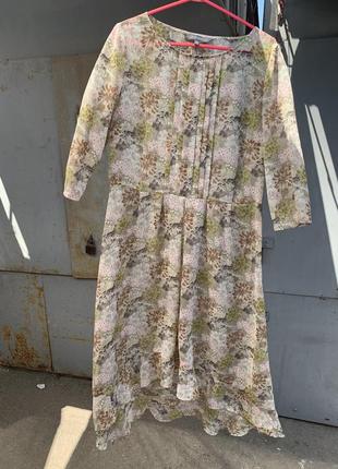 Платье шифоновое бежевое платье в цветочек платье миди короткое платье  сарафан5 фото