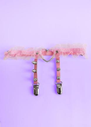Подтяжки для чулок с металлическим сердечком и шипами в стиле аниме хентай рок чёрный розовый