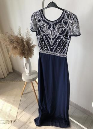 Вечернее платье длинное темно-синее платье в пол макси вечерний в пайетках блестяще...