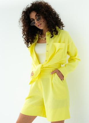 Льняной костюм из льна рубашка и шорты бермуды желтый лимонный5 фото