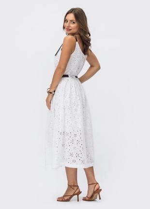 Шикарнейшее платье сарафан из прошвы белое натуральное 100% хлопок хлопковое миди ниже колен с поясом4 фото