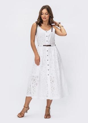 Шикарнейшее платье сарафан из прошвы белое натуральное 100% хлопок хлопковое миди ниже колен с поясом3 фото