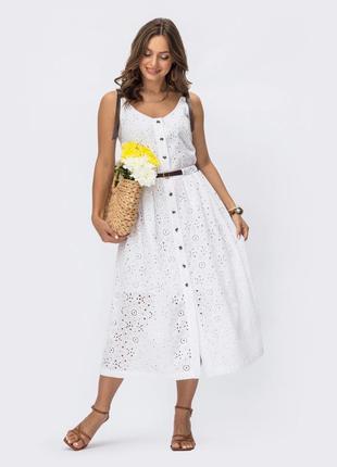 Шикарнейшее платье сарафан из прошвы белое натуральное 100% хлопок хлопковое миди ниже колен с поясом2 фото