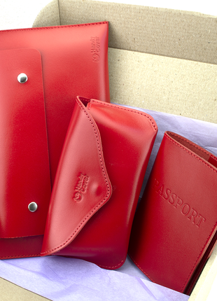Женский набор 55: тревел конверт + футляр для очков + обложка на паспорт (красный)1 фото