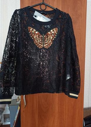 Женская стильная кофта блуза гипюр чёрного цвета с бабочкой1 фото