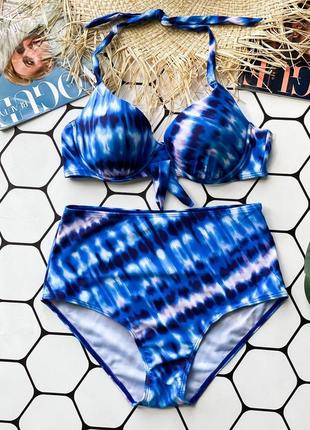 Раздельный купальник синего цвета с завязкой по груди высокая посадка плавок для больших размеров2 фото
