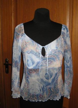 Блакитна блуза з сітки р 38 з рукавом вільна