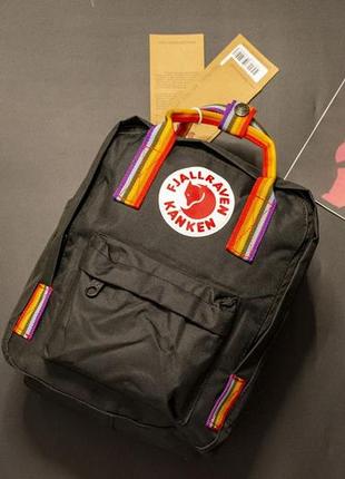 Рюкзак канкен міні, fjallraven kanken mini, мини, чорный, с радужными, разноцветными ручками