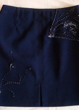 Турция красивая юбка синяя мини с разрезом спереди расшивка бисер пайетки прямая женская